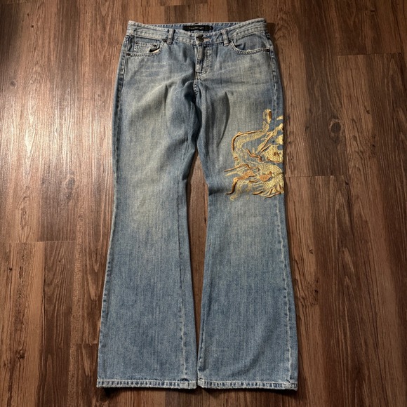 Calvin Klein Jeans Low Rise Flare Denim Jeans Dragon Embroidery Y2K - Picture 1 of 7